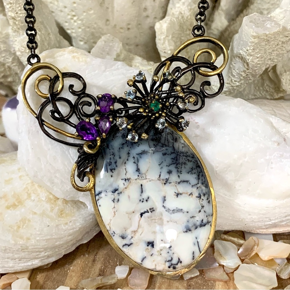 Merlinite Scenic Dendritic Opal Sterling & 14kt Pendant